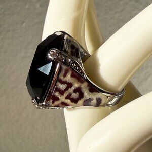 Vintage David Sigal Leopard & Black Crystal Stainless Steel Statement Ring